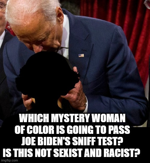 Which Woman of Color is Going to Pass the Biden Sniff Test? Is This Not Racist and Sexist? | WHICH MYSTERY WOMAN OF COLOR IS GOING TO PASS JOE BIDEN'S SNIFF TEST? IS THIS NOT SEXIST AND RACIST? | image tagged in stupid liberals,biden,democrats | made w/ Imgflip meme maker