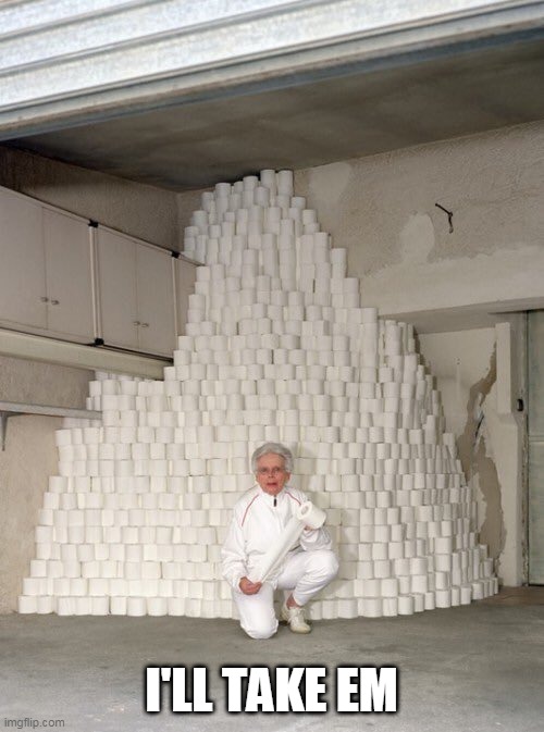 mountain of toilet paper | I'LL TAKE EM | image tagged in mountain of toilet paper | made w/ Imgflip meme maker