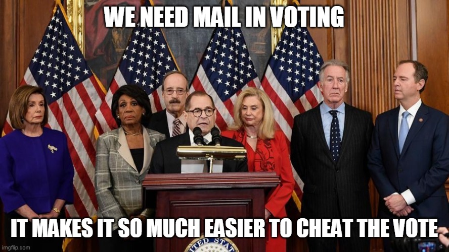 House Democrats | WE NEED MAIL IN VOTING IT MAKES IT SO MUCH EASIER TO CHEAT THE VOTE | image tagged in house democrats | made w/ Imgflip meme maker