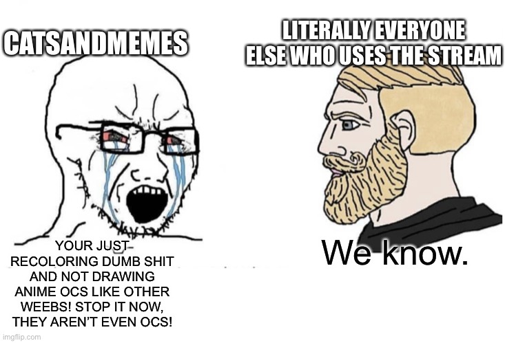 They have a point though, I will draw my own OCs more often | CATSANDMEMES; LITERALLY EVERYONE ELSE WHO USES THE STREAM; YOUR JUST RECOLORING DUMB SHIT AND NOT DRAWING ANIME OCS LIKE OTHER WEEBS! STOP IT NOW, THEY AREN’T EVEN OCS! We know. | image tagged in soyboy vs yes chad | made w/ Imgflip meme maker