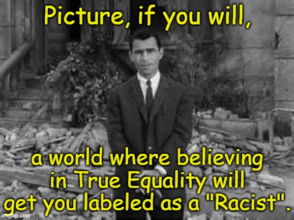 What the libs call "Equality", I call "Special Treatment". | Picture, if you will, a world where believing in True Equality will get you labeled as a "Racist". | image tagged in rod serling twillight zone,memes,blm,black lives matter,liberal hypocrisy | made w/ Imgflip meme maker