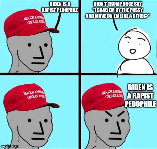 MAGA NPC (AN AN0NYM0US TEMPLATE) | DIDN'T TRUMP ONCE SAY "I GRAB EM BY THE PUSSY AND MOVE ON EM LIKE A BITCH?"; BIDEN IS A RAPIST PEDOPHILE; BIDEN IS A RAPIST PEDOPHILE | image tagged in maga npc | made w/ Imgflip meme maker