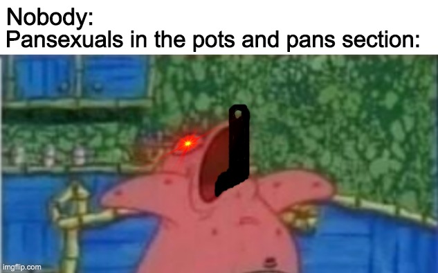 Patrick chugging down on that pan hard | Nobody:; Pansexuals in the pots and pans section: | image tagged in pansexual,patrick | made w/ Imgflip meme maker