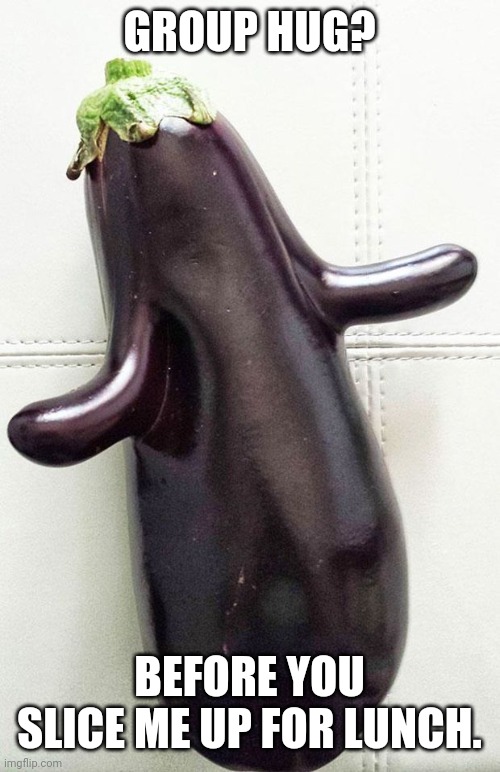 eggplant | GROUP HUG? BEFORE YOU SLICE ME UP FOR LUNCH. | image tagged in eggplant | made w/ Imgflip meme maker