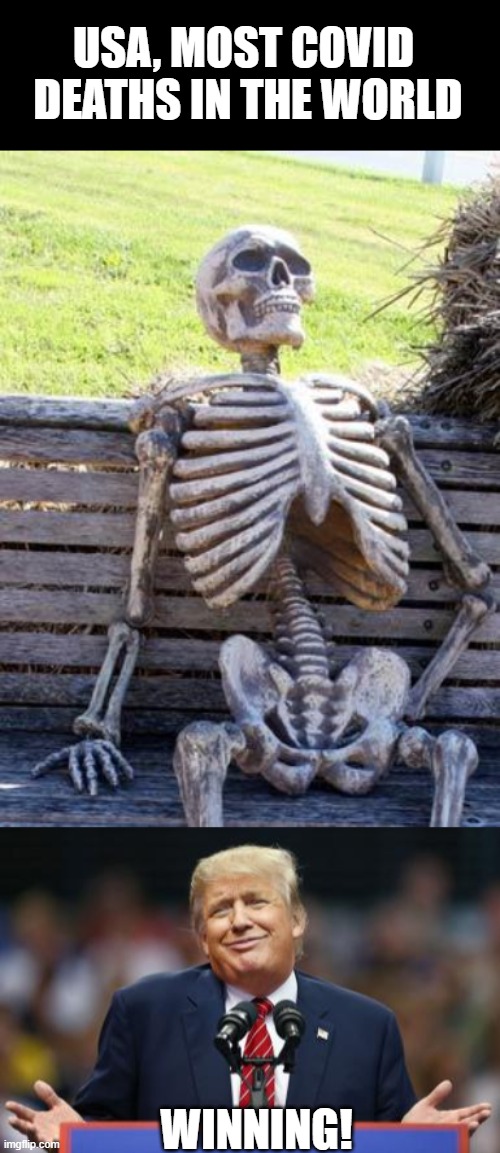 Tired of 'winning' | USA, MOST COVID  DEATHS IN THE WORLD; WINNING! | image tagged in memes,waiting skeleton,donald trump is an idiot,impeach trump,government corruption,maga | made w/ Imgflip meme maker