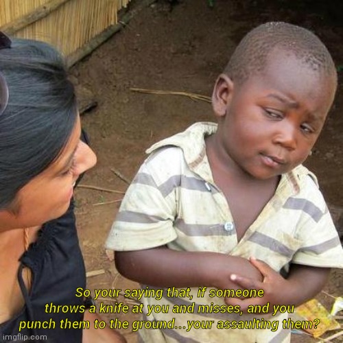 Hmmm. | So your saying that, if someone throws a knife at you and misses, and you punch them to the ground...your assaulting them? | image tagged in memes,third world skeptical kid | made w/ Imgflip meme maker