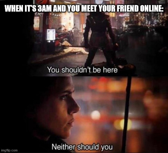 We should be sleeping | WHEN IT'S 3AM AND YOU MEET YOUR FRIEND ONLINE: | image tagged in you shouldn't be here | made w/ Imgflip meme maker