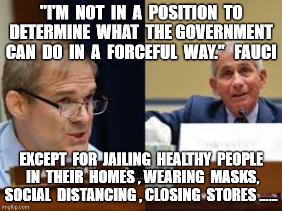 "I'M  NOT  IN  A  POSITION  TO  DETERMINE  WHAT  THE GOVERNMENT  CAN  DO  IN  A  FORCEFUL  WAY."   FAUCI; EXCEPT  FOR  JAILING  HEALTHY  PEOPLE  IN  THEIR  HOMES , WEARING  MASKS, SOCIAL  DISTANCING , CLOSING  STORES ...... | image tagged in dr fauci,jim jordan,covid19,chinese virus,hoax,corruption | made w/ Imgflip meme maker