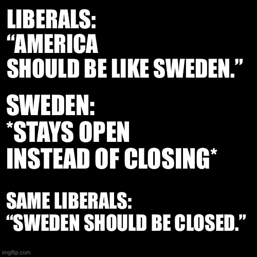 Liberals no longer love Sweden | LIBERALS: “AMERICA SHOULD BE LIKE SWEDEN.”; SWEDEN: *STAYS OPEN INSTEAD OF CLOSING*; SAME LIBERALS: “SWEDEN SHOULD BE CLOSED.” | image tagged in black box,memes,sweden,america,virus,liberal logic | made w/ Imgflip meme maker