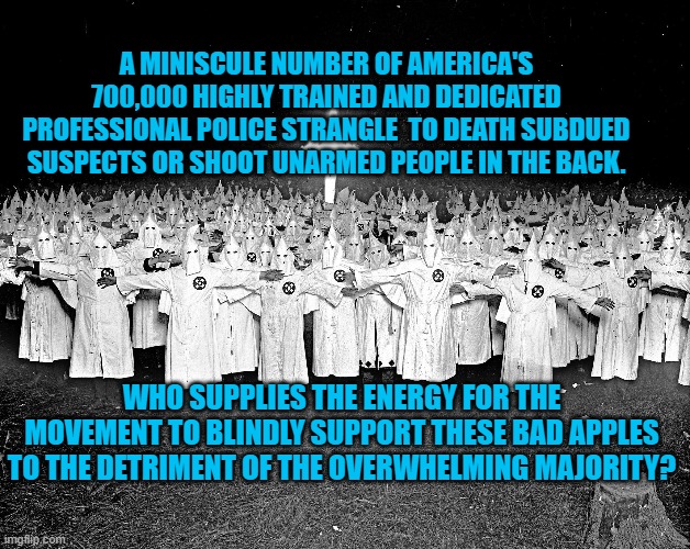 I Support (Almost All) Of Our Police! | A MINISCULE NUMBER OF AMERICA'S 700,000 HIGHLY TRAINED AND DEDICATED PROFESSIONAL POLICE STRANGLE  TO DEATH SUBDUED SUSPECTS OR SHOOT UNARMED PEOPLE IN THE BACK. WHO SUPPLIES THE ENERGY FOR THE MOVEMENT TO BLINDLY SUPPORT THESE BAD APPLES TO THE DETRIMENT OF THE OVERWHELMING MAJORITY? | image tagged in politics | made w/ Imgflip meme maker