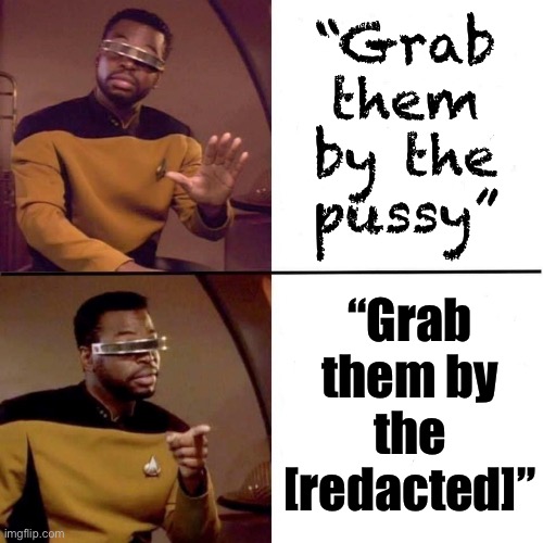 It’s a small gesture, but redacting Trump’s vulgarity is one way of taking a stand for civility and robbing his words of power. | “Grab them by the pussy”; “Grab them by the [redacted]” | image tagged in levar burton hotline bling,censorship,censored,grab them by the pussy,trump is an asshole,civilized discussion | made w/ Imgflip meme maker