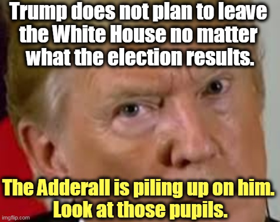 American democracy in the balance. | Trump does not plan to leave 
the White House no matter 
what the election results. The Adderall is piling up on him. 
Look at those pupils. | image tagged in trump eyes dilated,donald trump,election 2020,dictator,fascist,mad | made w/ Imgflip meme maker