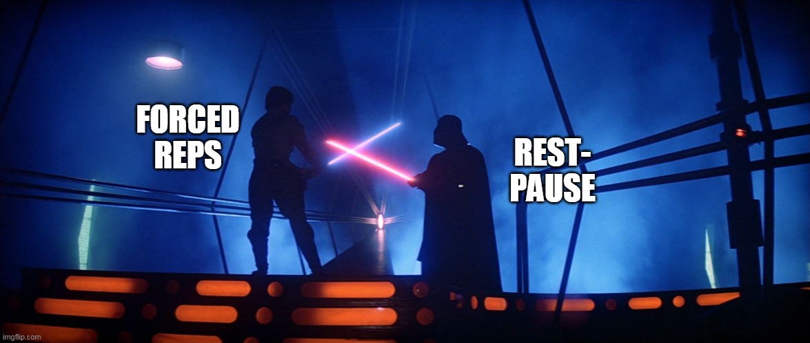 Darth and Luke Star Wars lightsaber battle Bespin | FORCED
REPS; REST-
PAUSE | image tagged in darth and luke star wars lightsaber battle bespin | made w/ Imgflip meme maker