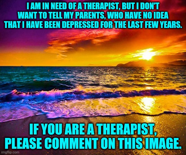 Beautiful Sunset | I AM IN NEED OF A THERAPIST, BUT I DON'T WANT TO TELL MY PARENTS, WHO HAVE NO IDEA THAT I HAVE BEEN DEPRESSED FOR THE LAST FEW YEARS. IF YOU ARE A THERAPIST, PLEASE COMMENT ON THIS IMAGE. | image tagged in beautiful sunset | made w/ Imgflip meme maker