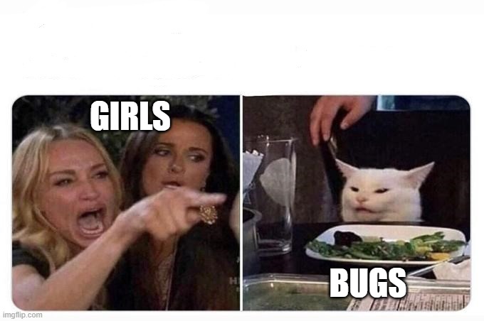 Woman shouting at cat | GIRLS; BUGS | image tagged in woman shouting at cat | made w/ Imgflip meme maker