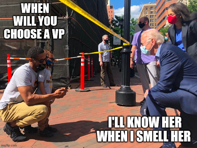 Biden meeting with protesters | WHEN WILL YOU CHOOSE A VP; I'LL KNOW HER WHEN I SMELL HER | image tagged in biden meeting with protesters | made w/ Imgflip meme maker