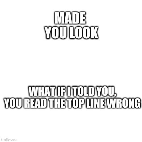 Blank Transparent Square Meme | MADE 
YOU LOOK; WHAT IF I TOLD YOU, YOU READ THE TOP LINE WRONG | image tagged in memes,blank transparent square,ted,yeetle,borf,ssssssss | made w/ Imgflip meme maker
