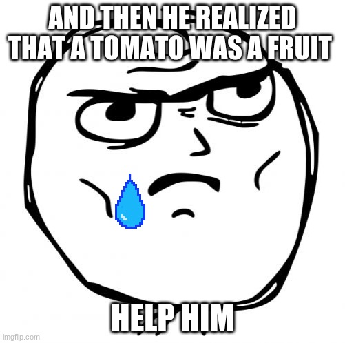 Determined Guy Rage Face |  AND THEN HE REALIZED THAT A TOMATO WAS A FRUIT; HELP HIM | image tagged in memes,determined guy rage face | made w/ Imgflip meme maker
