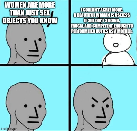 NPC Meme | I COULDN'T AGREE MORE. A BEAUTIFUL WOMAN IS USELESS IF SHE ISN'T STRONG, FRUGAL AND COMPETENT ENOUGH TO PERFORM HER DUTIES AS A MOTHER. WOMEN ARE MORE THAN JUST SEX OBJECTS YOU KNOW | image tagged in npc meme,conservatives,tradition,feminism | made w/ Imgflip meme maker