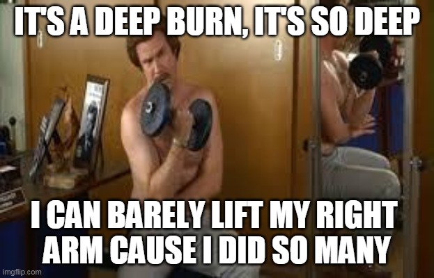 ron burgundy workout | IT'S A DEEP BURN, IT'S SO DEEP; I CAN BARELY LIFT MY RIGHT 
ARM CAUSE I DID SO MANY | image tagged in ron burgundy workout | made w/ Imgflip meme maker