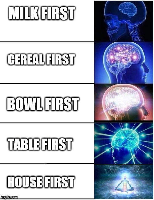 Expanding Brain 5 Panel | MILK FIRST HOUSE FIRST CEREAL FIRST BOWL FIRST TABLE FIRST | image tagged in expanding brain 5 panel | made w/ Imgflip meme maker