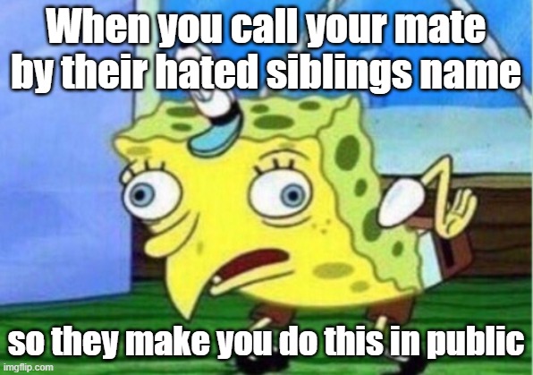 Mocking Spongebob | When you call your mate by their hated siblings name; so they make you do this in public | image tagged in memes,mocking spongebob | made w/ Imgflip meme maker