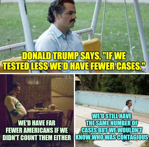 Duh | DONALD TRUMP SAYS, "IF WE TESTED LESS WE'D HAVE FEWER CASES."; WE'D STILL HAVE THE SAME NUMBER OF CASES BUT WE WOULDN'T KNOW WHO WAS CONTAGIOUS; WE'D HAVE FAR FEWER AMERICANS IF WE DIDN'T COUNT THEM EITHER | image tagged in memes,sad pablo escobar,trump unfit unqualified dangerous,liar in chief,lock him up,trump traitor | made w/ Imgflip meme maker
