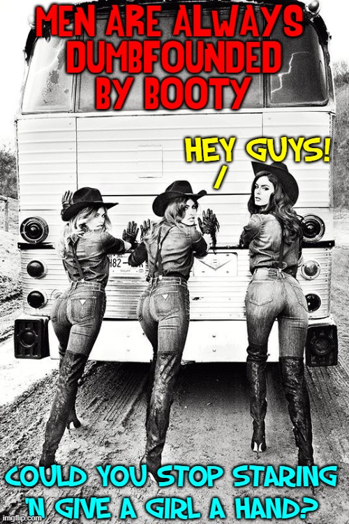 Forgive Us, It's the Way We're Made... | MEN ARE ALWAYS 
DUMBFOUNDED
BY BOOTY; HEY GUYS! /; COULD YOU STOP STARING 'N GIVE A GIRL A HAND? | image tagged in vince vance,cowgirl,booty,memes,bus,breakdown | made w/ Imgflip meme maker