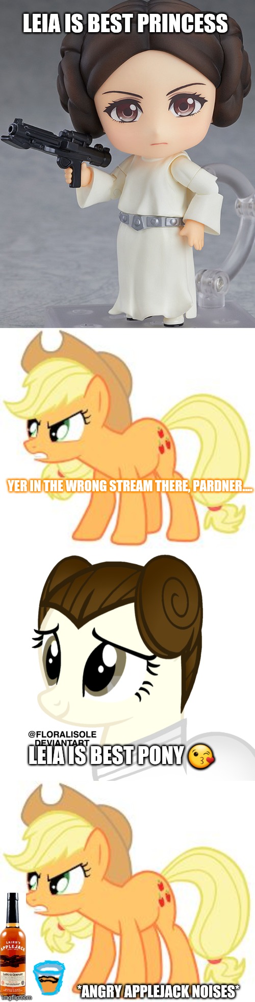 LEIA IS BEST PRINCESS; YER IN THE WRONG STREAM THERE, PARDNER.... LEIA IS BEST PONY 😘; *ANGRY APPLEJACK NOISES* | image tagged in angry applejack,princess leia | made w/ Imgflip meme maker