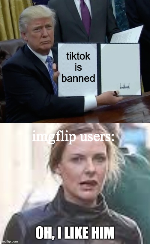 this is true |  tiktok is banned; imgflip users:; OH, I LIKE HIM | image tagged in memes,trump bill signing,tiktok,mission impossible,funny,politics | made w/ Imgflip meme maker