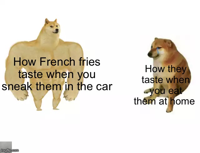 French fries | How they taste when you eat them at home; How French fries taste when you sneak them in the car | image tagged in buff doge vs cheems | made w/ Imgflip meme maker
