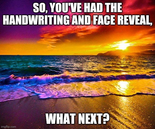 Beautiful Sunset | SO, YOU'VE HAD THE HANDWRITING AND FACE REVEAL, WHAT NEXT? | image tagged in beautiful sunset | made w/ Imgflip meme maker