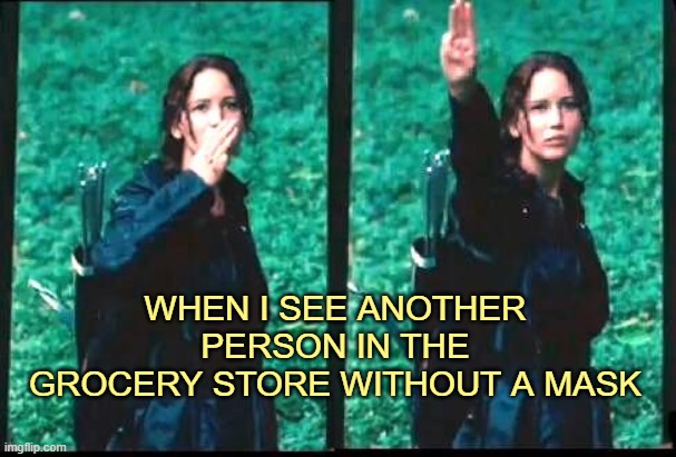 Perfect record so far. Can you say the same? | WHEN I SEE ANOTHER PERSON IN THE GROCERY STORE WITHOUT A MASK | image tagged in hunger games,covid-19,fauxi,hoax | made w/ Imgflip meme maker