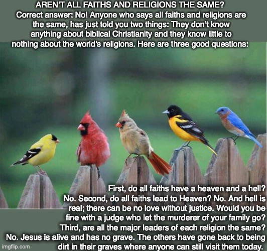 AREN’T ALL FAITHS AND RELIGIONS THE SAME? 
Correct answer: No! Anyone who says all faiths and religions are the same, has just told you two things: They don’t know anything about biblical Christianity and they know little to nothing about the world’s religions. Here are three good questions:; First, do all faiths have a heaven and a hell? No. Second, do all faiths lead to Heaven? No. And hell is real; there can be no love without justice. Would you be fine with a judge who let the murderer of your family go? Third, are all the major leaders of each religion the same? No. Jesus is alive and has no grave. The others have gone back to being
dirt in their graves where anyone can still visit them today. | image tagged in life,death,heaven,hell,religion,faith | made w/ Imgflip meme maker