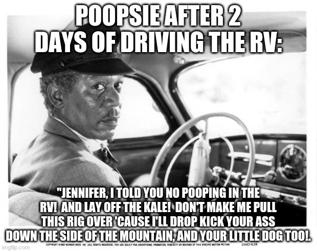 Morgan Freeman Driving Miss Daisy | POOPSIE AFTER 2 DAYS OF DRIVING THE RV:; "JENNIFER, I TOLD YOU NO POOPING IN THE RV!  AND LAY OFF THE KALE!  DON'T MAKE ME PULL THIS RIG OVER 'CAUSE I'LL DROP KICK YOUR ASS DOWN THE SIDE OF THE MOUNTAIN, AND YOUR LITTLE DOG TOO!. | image tagged in morgan freeman driving miss daisy | made w/ Imgflip meme maker