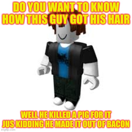 bacon man Roblox | DO YOU WANT TO KNOW HOW THIS GUY GOT HIS HAIR; WELL HE KILLED A PIG FOR IT JUS KIDDING HE MADE IT OUT OF BACON | image tagged in bacon man roblox | made w/ Imgflip meme maker
