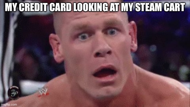 :O | MY CREDIT CARD LOOKING AT MY STEAM CART | image tagged in tahregg john cena meme | made w/ Imgflip meme maker