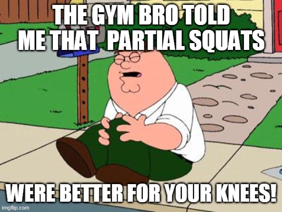 Family Guy Knee | THE GYM BRO TOLD ME THAT  PARTIAL SQUATS; WERE BETTER FOR YOUR KNEES! | image tagged in family guy knee | made w/ Imgflip meme maker