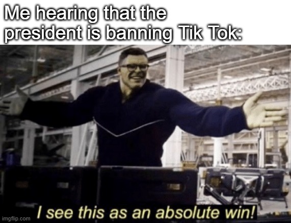 An absolute dub | Me hearing that the president is banning Tik Tok: | image tagged in i see this as an absolute win | made w/ Imgflip meme maker