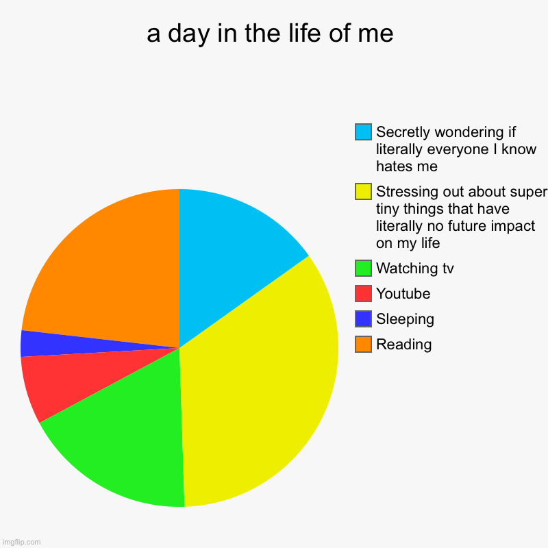 Idk I saw other people making these so I guess I will too | a day in the life of me | Reading, Sleeping, Youtube, Watching tv, Stressing out about super tiny things that have literally no future impac | image tagged in charts,pie charts | made w/ Imgflip chart maker
