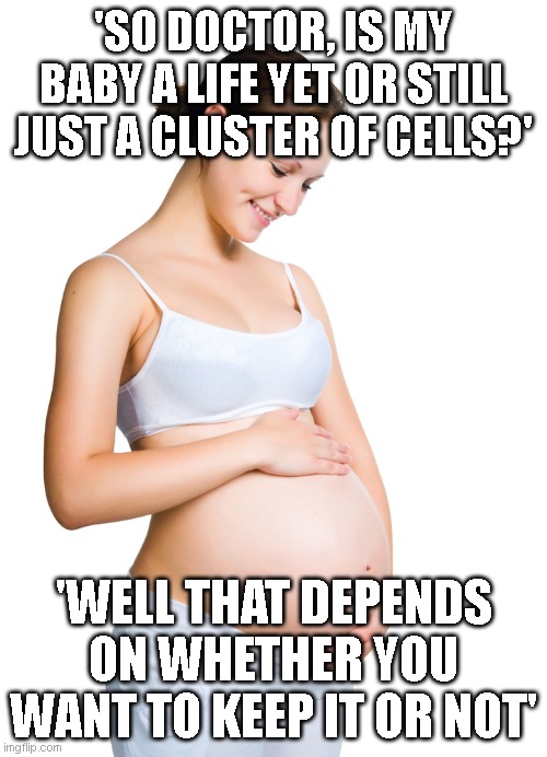 Pregnant woman | 'SO DOCTOR, IS MY BABY A LIFE YET OR STILL JUST A CLUSTER OF CELLS?'; 'WELL THAT DEPENDS ON WHETHER YOU WANT TO KEEP IT OR NOT' | image tagged in pregnant woman | made w/ Imgflip meme maker