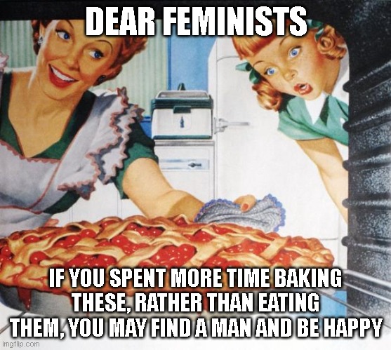 Heard this at the train station today. Ooh Ouch! | DEAR FEMINISTS; IF YOU SPENT MORE TIME BAKING THESE, RATHER THAN EATING THEM, YOU MAY FIND A MAN AND BE HAPPY | image tagged in 50's wife cooking cherry pie | made w/ Imgflip meme maker