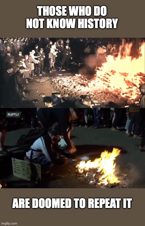 History Repeats | THOSE WHO DO NOT KNOW HISTORY; ARE DOOMED TO REPEAT IT | image tagged in antifa,nazis,book burning,evil,leftists | made w/ Imgflip meme maker