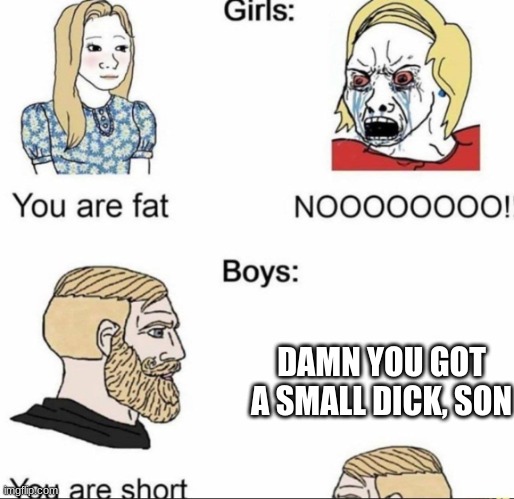 girls vs boys | DAMN YOU GOT A SMALL DICK, SON | image tagged in girls vs boys,memes | made w/ Imgflip meme maker