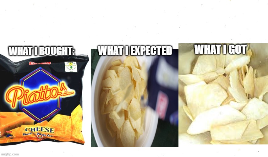 what i bought, what i expected, what i got | WHAT I EXPECTED; WHAT I GOT; WHAT I BOUGHT: | image tagged in potato chips,memes | made w/ Imgflip meme maker