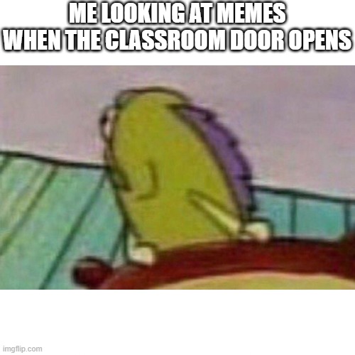 Fish looking back | ME LOOKING AT MEMES WHEN THE CLASSROOM DOOR OPENS | image tagged in fish looking back | made w/ Imgflip meme maker