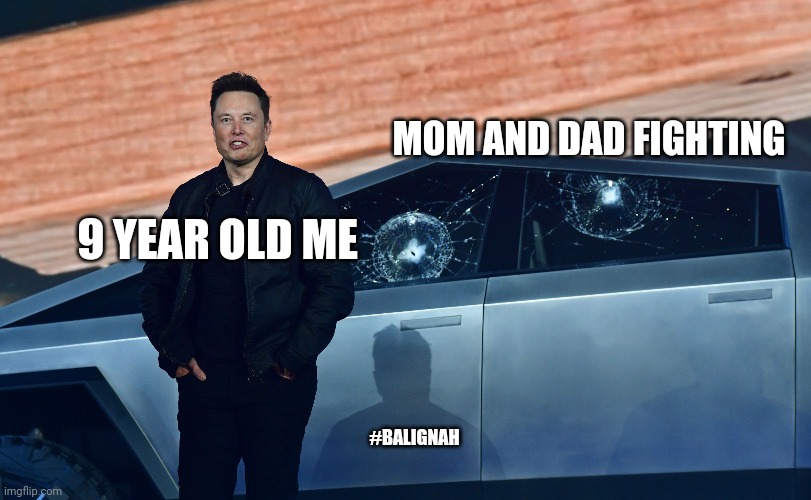 Domestic |  MOM AND DAD FIGHTING; 9 YEAR OLD ME; #BALIGNAH | image tagged in elon musk | made w/ Imgflip meme maker