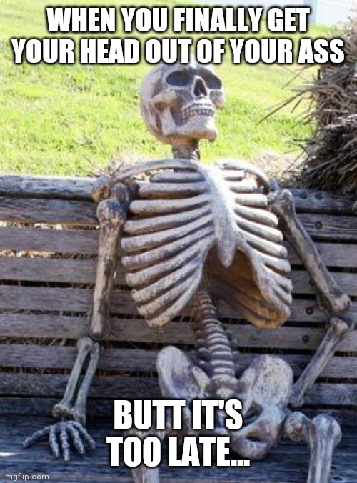 Waiting Skeleton Meme | WHEN YOU FINALLY GET YOUR HEAD OUT OF YOUR ASS; BUTT IT'S TOO LATE... | image tagged in memes,waiting skeleton | made w/ Imgflip meme maker