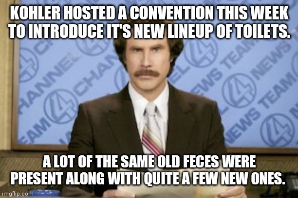 No shit? | KOHLER HOSTED A CONVENTION THIS WEEK TO INTRODUCE IT'S NEW LINEUP OF TOILETS. A LOT OF THE SAME OLD FECES WERE PRESENT ALONG WITH QUITE A FEW NEW ONES. | image tagged in memes,ron burgundy,oh crap,shitty meme,feces,crappy memes | made w/ Imgflip meme maker