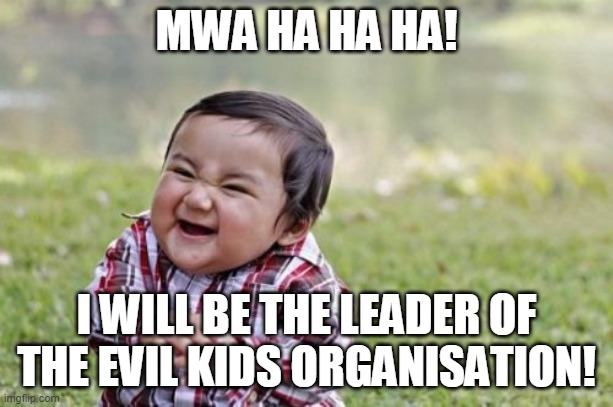 EVIL TODDLER DESTROYS THE WORLD | MWA HA HA HA! I WILL BE THE LEADER OF THE EVIL KIDS ORGANISATION! | image tagged in memes,evil toddler | made w/ Imgflip meme maker